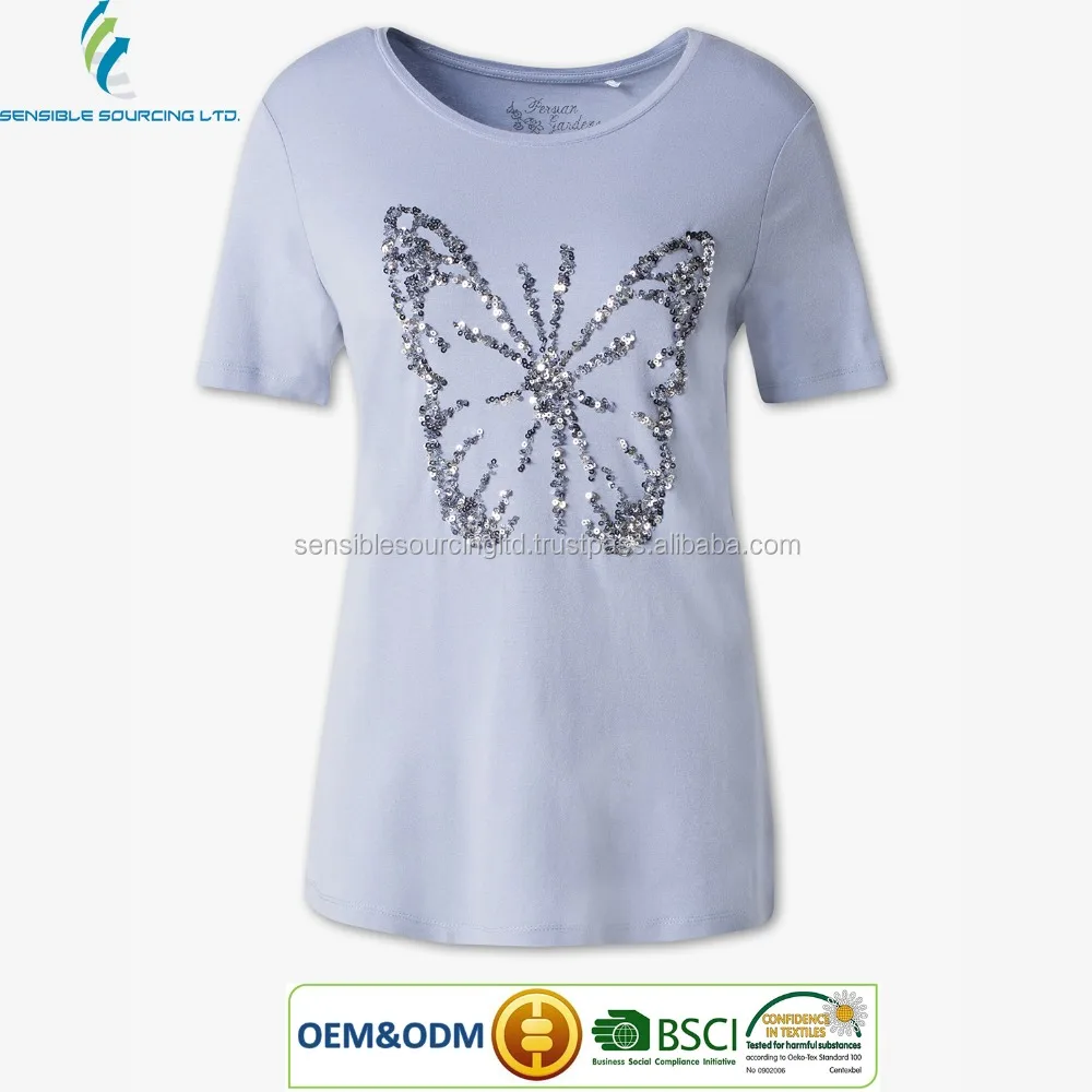 Ladies T-shirt with embellishments butterfly design 100% Cotton Fancy Design Bangladeshi Supplier