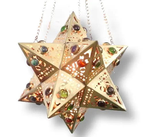 BR88 Moroccan Handmade Hanging Brass Jeweled LED Star Lamp