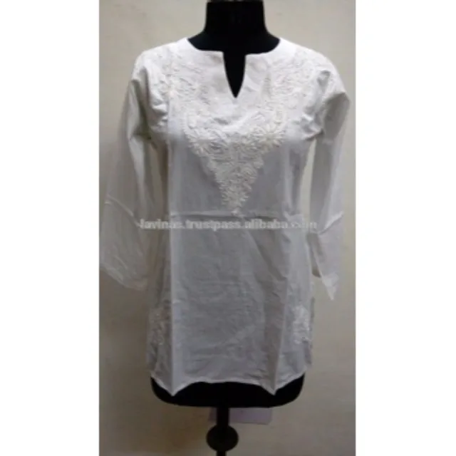 Cotton Chicken Embroidered Women Tunic White Chicken Dress Indian Shirt Top Blouse from Wholesaler