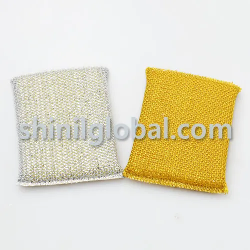 Non Scratch Hot Selling Polyester Net Kitchen Cleaning Sponge Scrubbers In shiny Gold And Silver