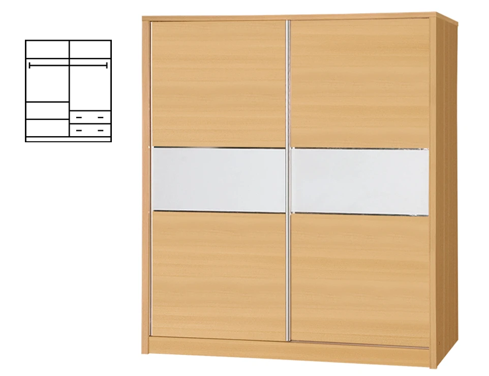 Malaysia Factory Modern Wooden 2 Sliding Door Wardrobe Big Hanging Space Furniture 1244