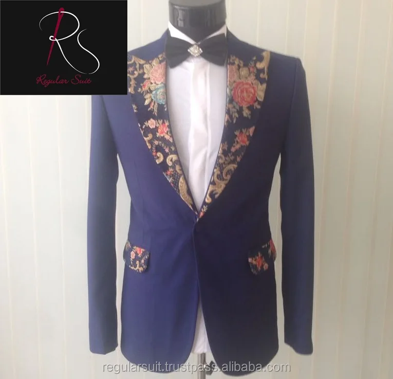 2018 Uniq Patterned Lapel Coat Pant Navy Men Suit