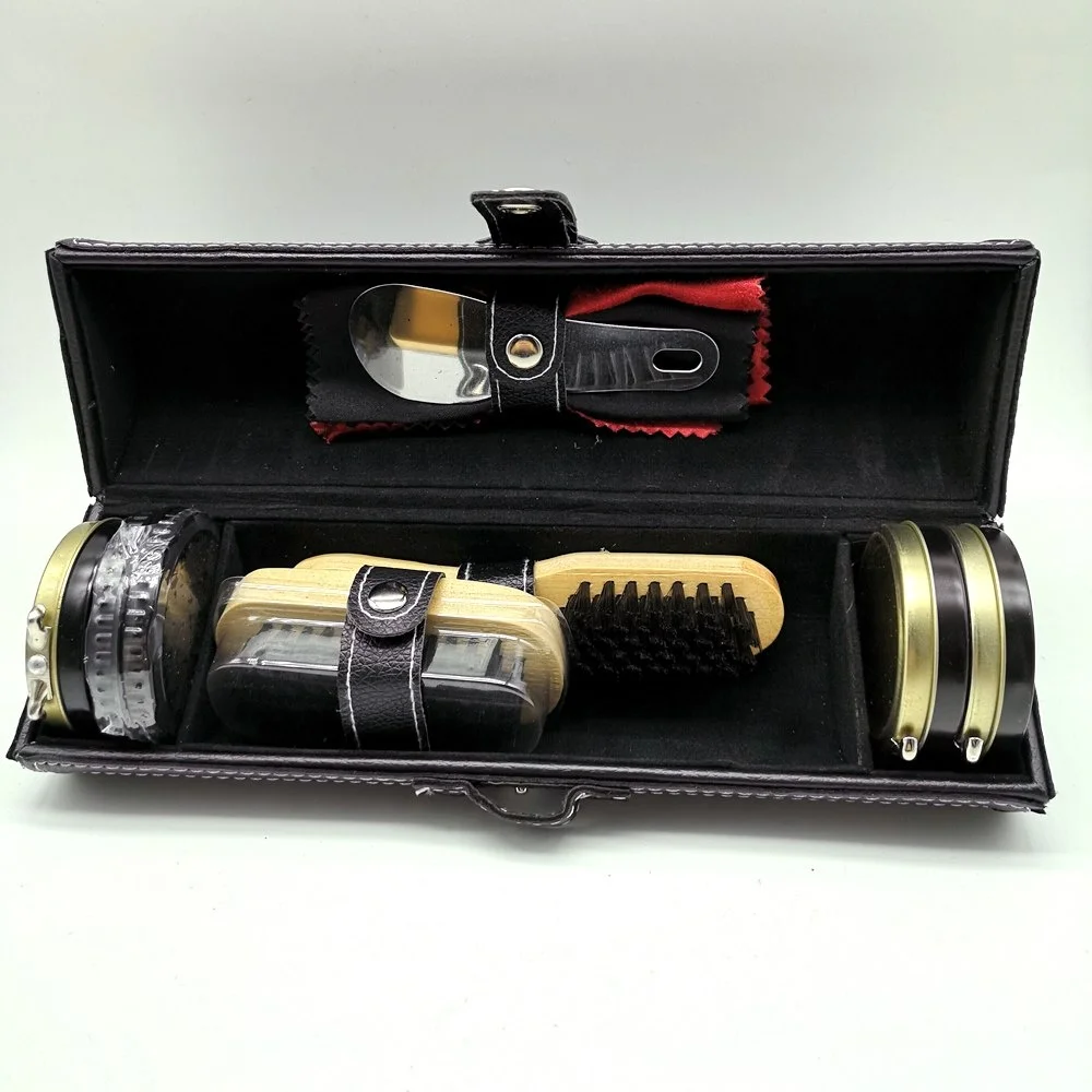 Promotional Custom Made High Quality Man Gift Hotel Home Outdoor Traveling Portable PU Leather Case Shoe Shine Kit