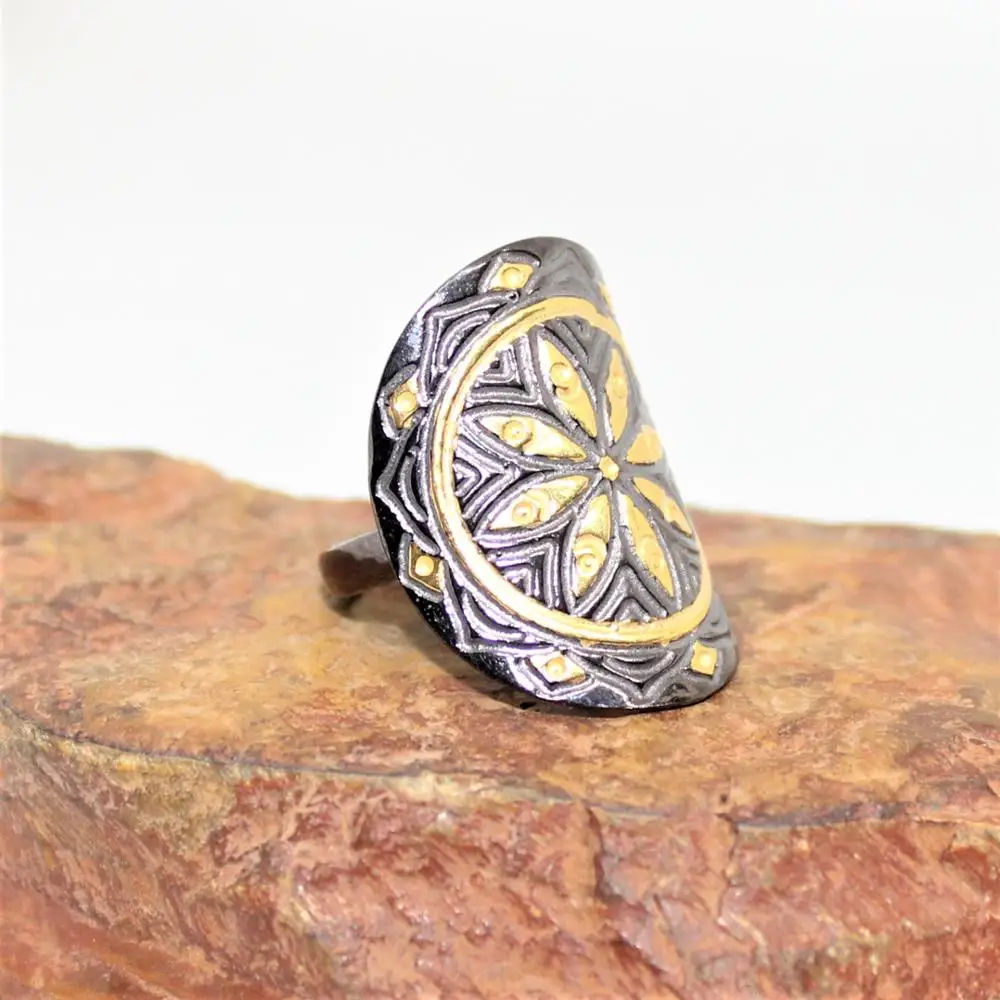 New Collection 925 Sterling Silver 18K Gold Plated Black Rhodium Ring Spiritual Mandala Design Featuring Diamond Wholesale