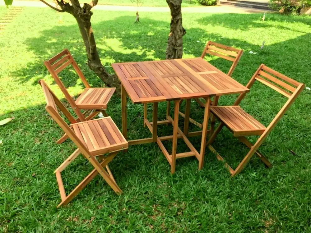 Butterfly Set of 1 Folding Chairs Table and 4 Outdoor Furniture Garden Set Wood Acacia, Modern Design