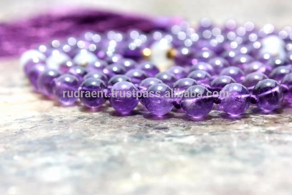 Spiritual Gemstone 108 Beads Rosary Yoga Jewelry Amethyst Moonstone Meditation Mala Beads Tassel Long Necklace