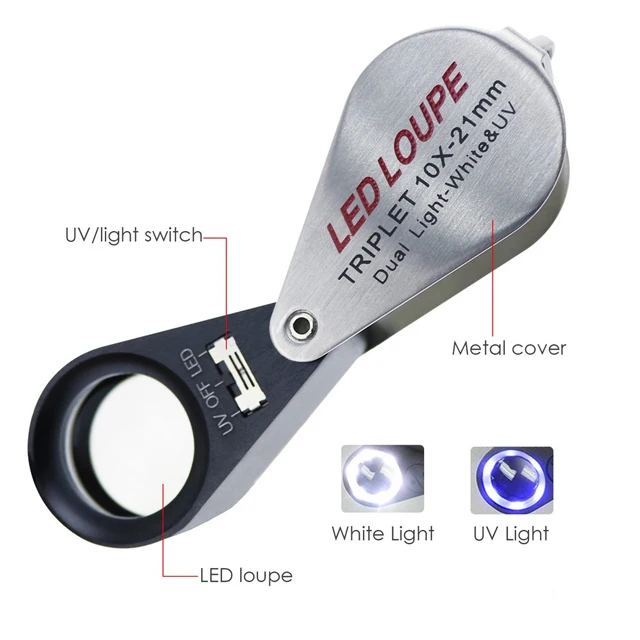 Triplet Jewelry Magnifier Loupe 20X Mini Folding Jewelry Loupe with Dual LED & UV light