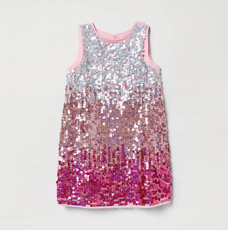 Pink gradient sequined bling bling dress for little girls Mesh fashion kids sleeveless party dress customized
