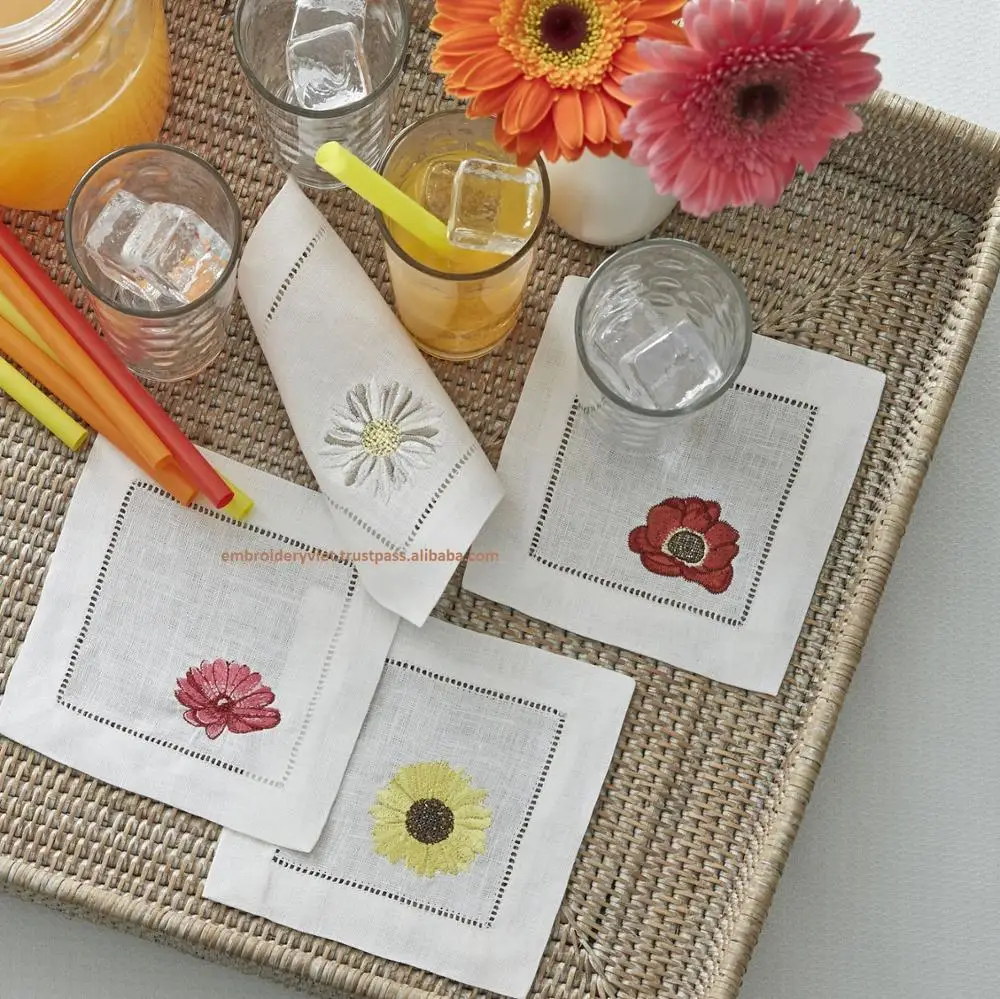 White embroidered linen cocktail napkins wholesale