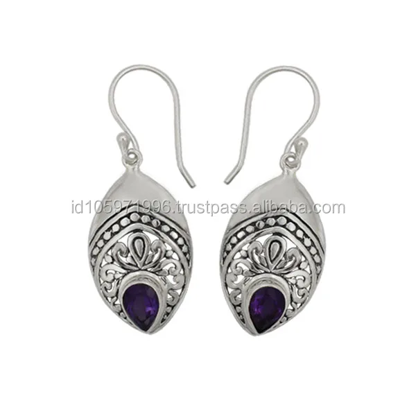 
Amethyst Bali 925 Sterling Silver Engraved Earring 