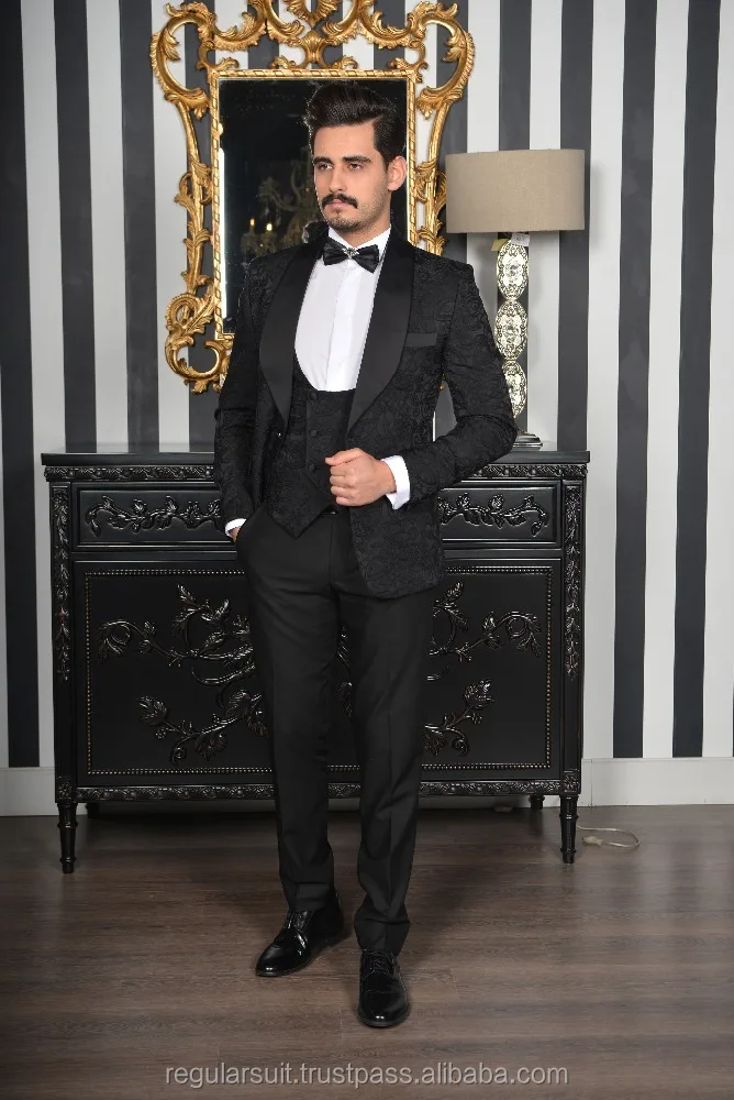
2018 3 Pieces Patterned Navy Men Black Wedding Suit 