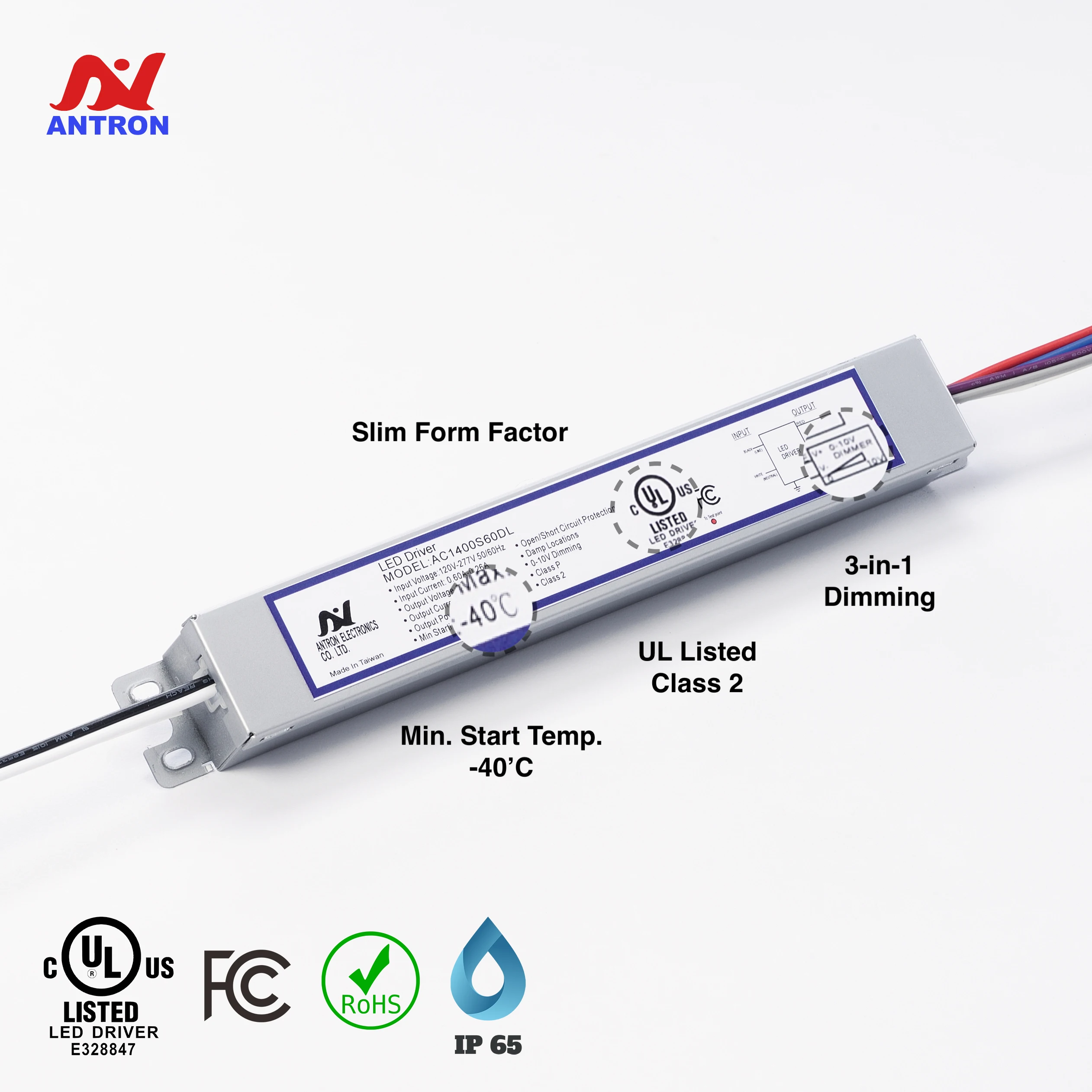 Antron Flicker Free LED Driver Dimmable 40W to 60W UL