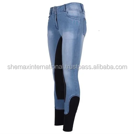 Shemax 2023 High Quality Top Selling Custom Wholesale Equestrian Horse Riding Breeches Jeans Full Seat MID BLUE