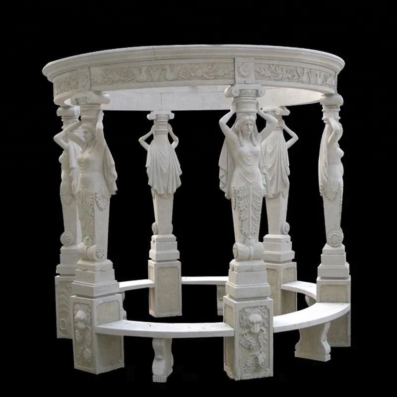 Victorian round marble gazebo with metal roof and columns for sale