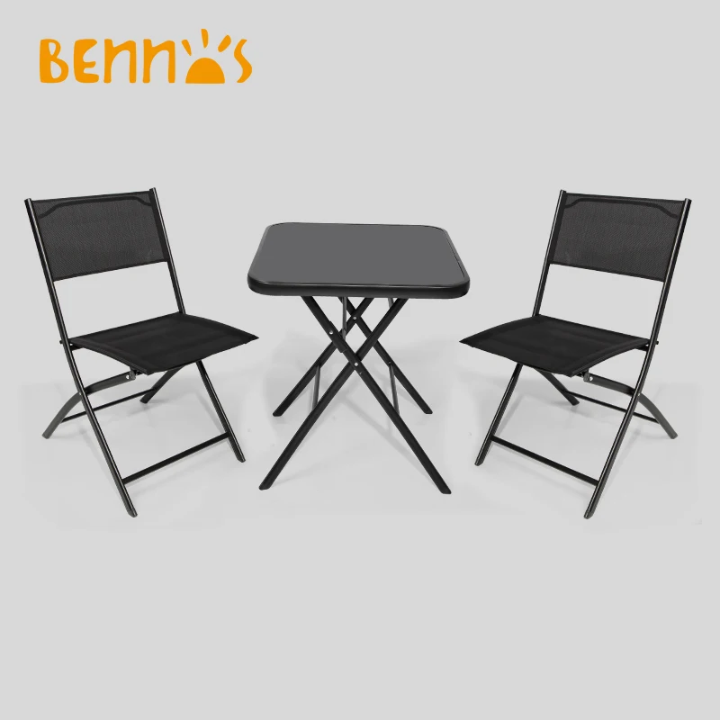 BNS-100185SQA Patio Garden Furniture with 2 chairs, Full Steel with Tempered Glass Outdoor leisure Folding Table