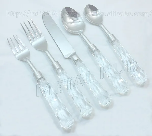 Stainless Steel Flatware set with Acrylic handle / Shiny Silver Flatware Set With Clear Lucite Textured Handle
