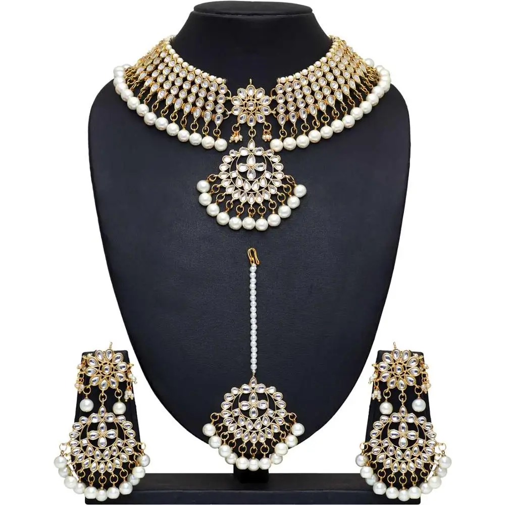 Indian Traditional White Color Kundan Necklace With Earrings & Maang Tikka