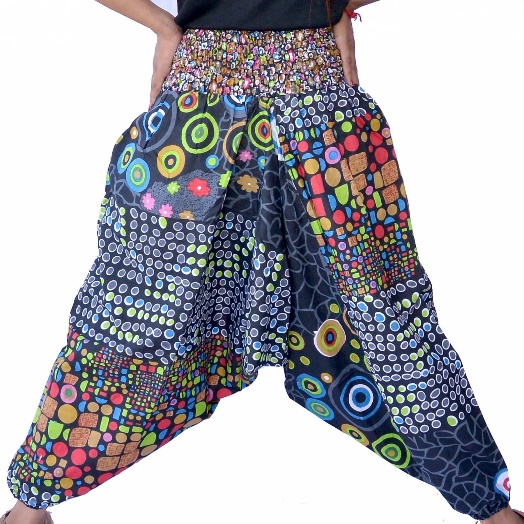 Different Type Of Circle Design Black Base Multi Color Cotton Yoga Trouser Elastic Waist Beautiful Harem Pants Wholesale