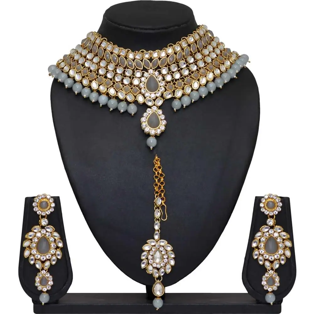 Indian Traditional White Color Kundan Necklace With Earrings & Maang Tikka