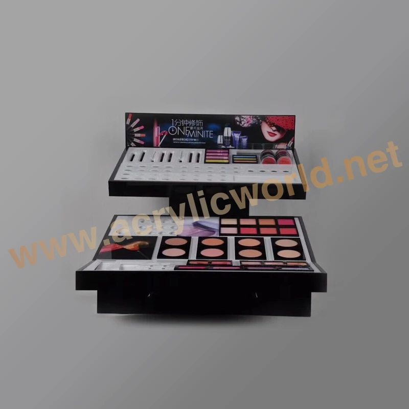 Customized Custom design cosmetic acrylic makeup display stand Makeup Showcase Perfume Cosmetics Wooden Display Case