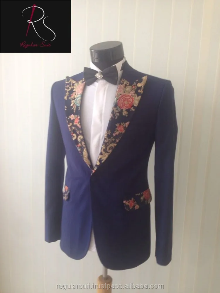 2018 Uniq Patterned Lapel Coat Pant Navy Men Suit