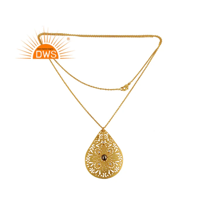 Cz and Pyrite Gemstone Pendant Chain Pendant Necklace Link Chain Gold Plated Brass 18K Orthodox Alloy Hiphop