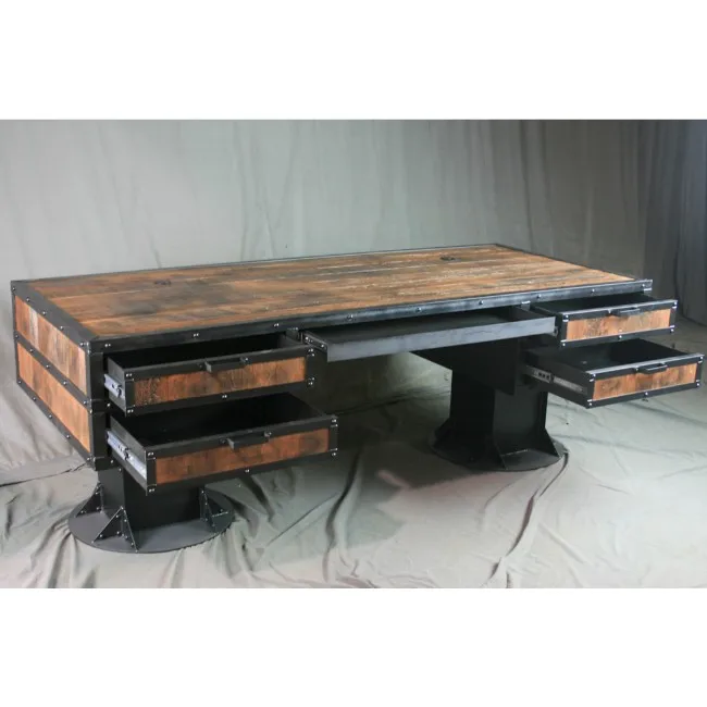 
Industrial & vintage iron metal rusty grey black heavy base & Old reclaimed wood 4 drawer Office Writing Table 