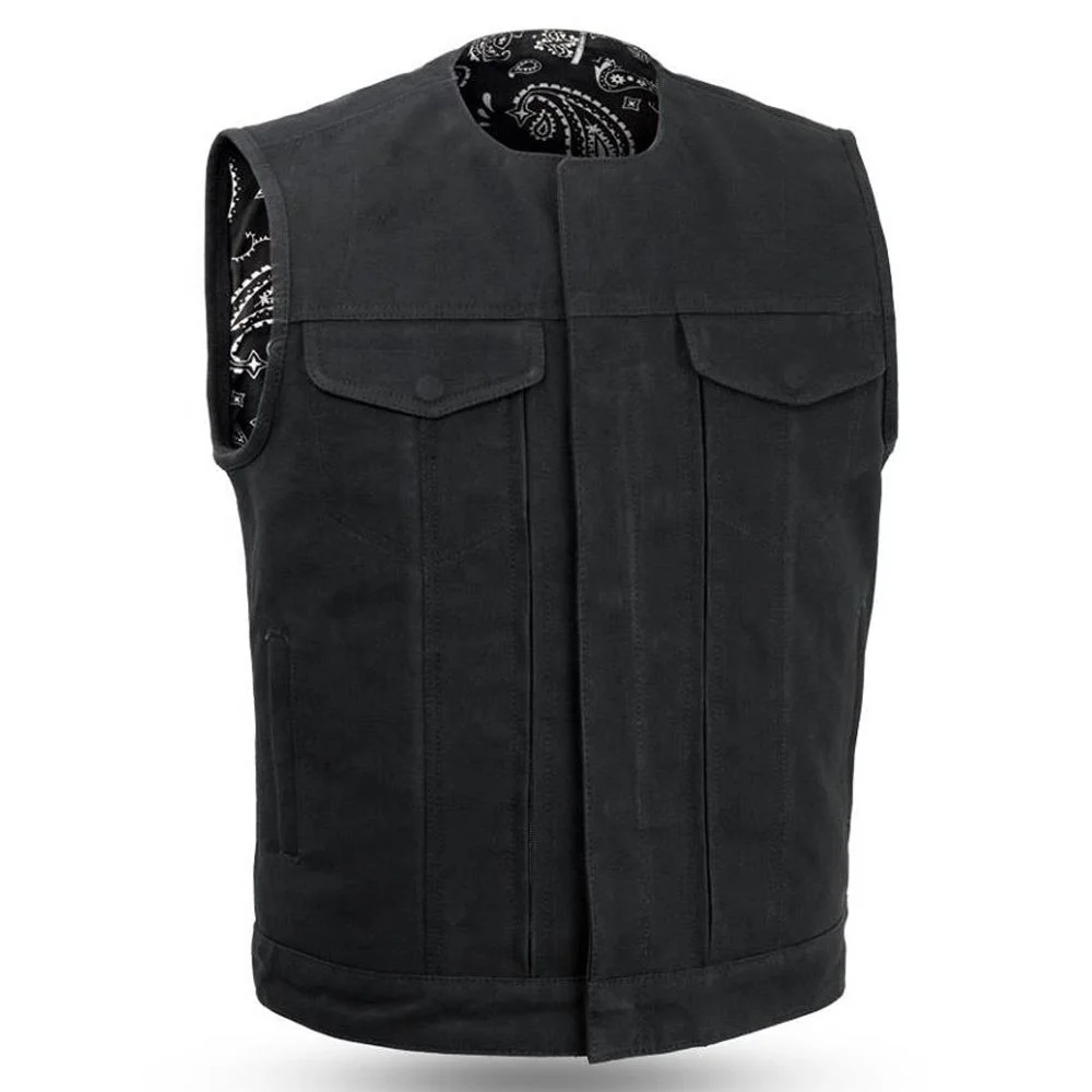 New Men Style Of Denim Biker Club Vest Wth Real Leather Trim Custom Design Men Black Leather Vest Custom Logo Motorcycle Biker