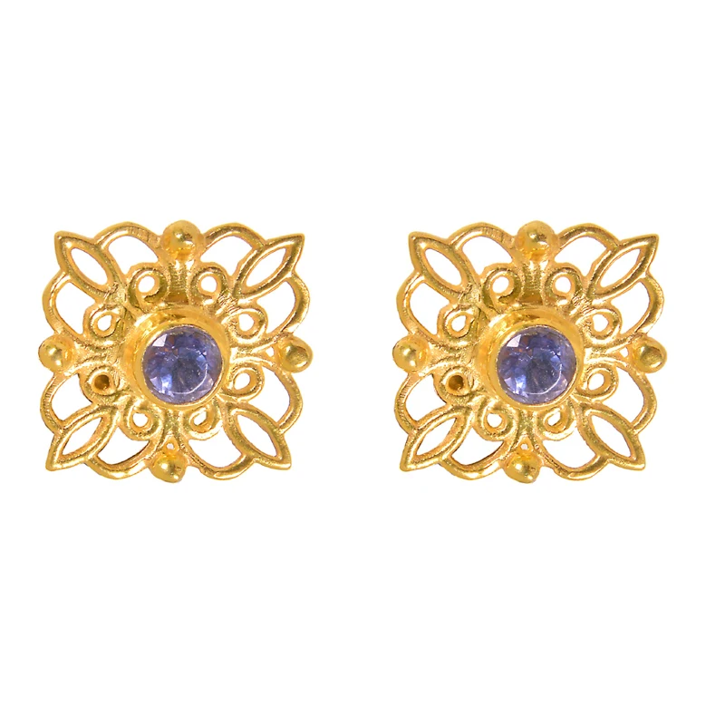 Indian Manufacturing Price Beautiful Design Gold Plated Silver Jewelry Natural Handmade Iolite Gemstone Stud Earrings