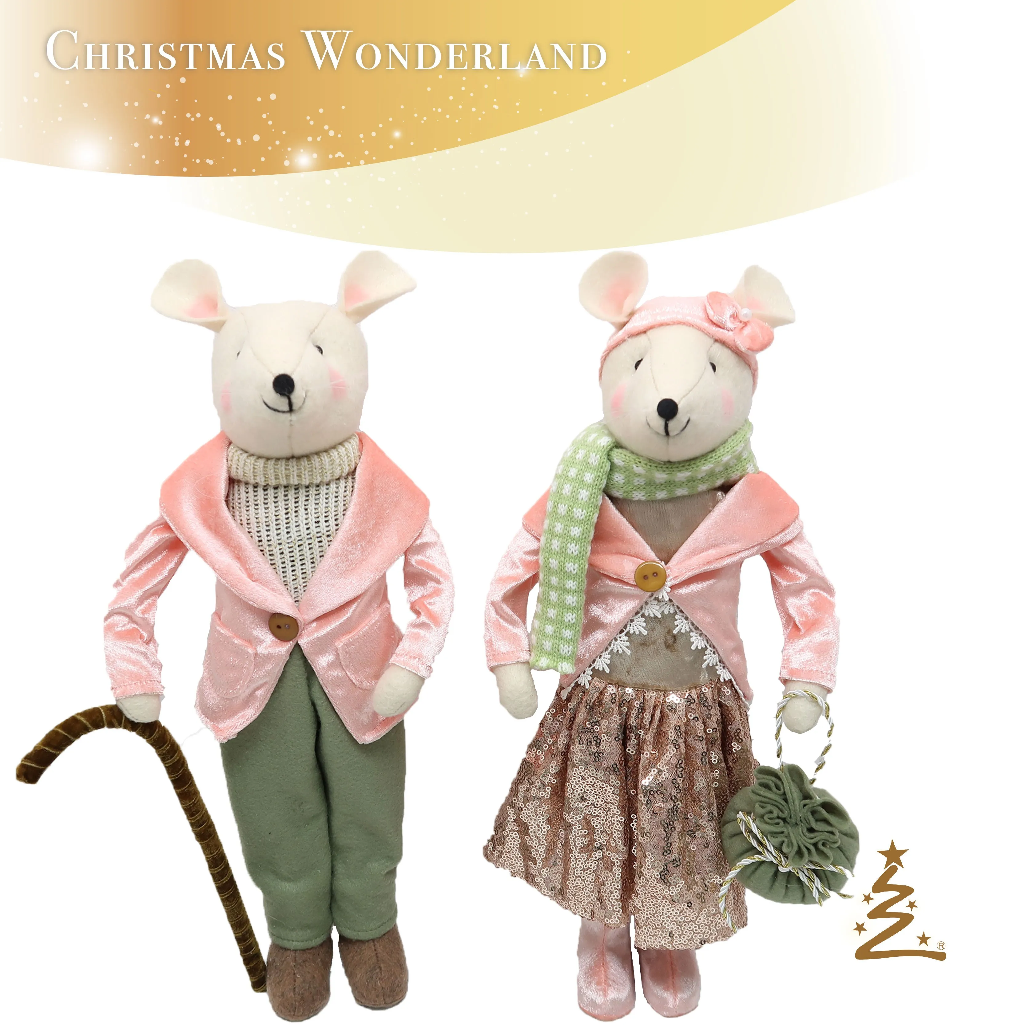 Christmas Decoration Beige Felt & Peach Velvet Coat Fabric Mouse Ornament