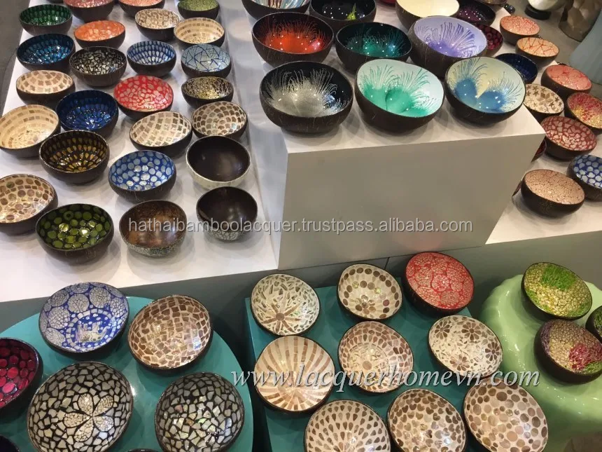 Mosaic Mother of Pearl Lacquer Coconut Bowls from Vietnam