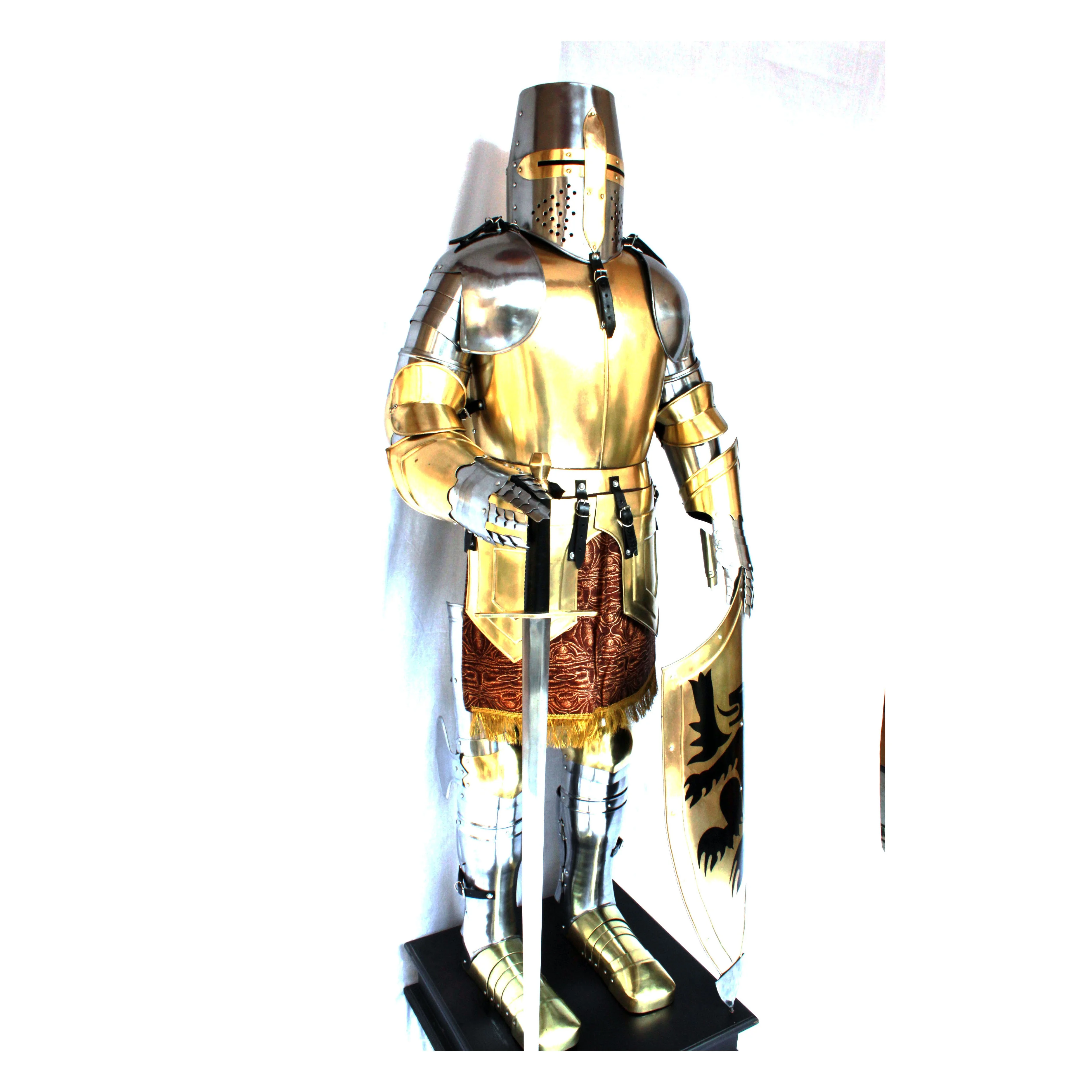 Metal Steel Brass Medieval Old age Ancient Armour Suit with Sword and Shield with Wooden Base and Steel Frame