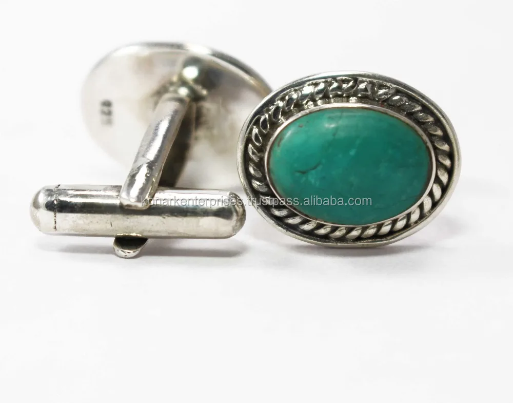Мужские запонки из серебра 925 пробы с БИРЮЗОВЫМИ камнями