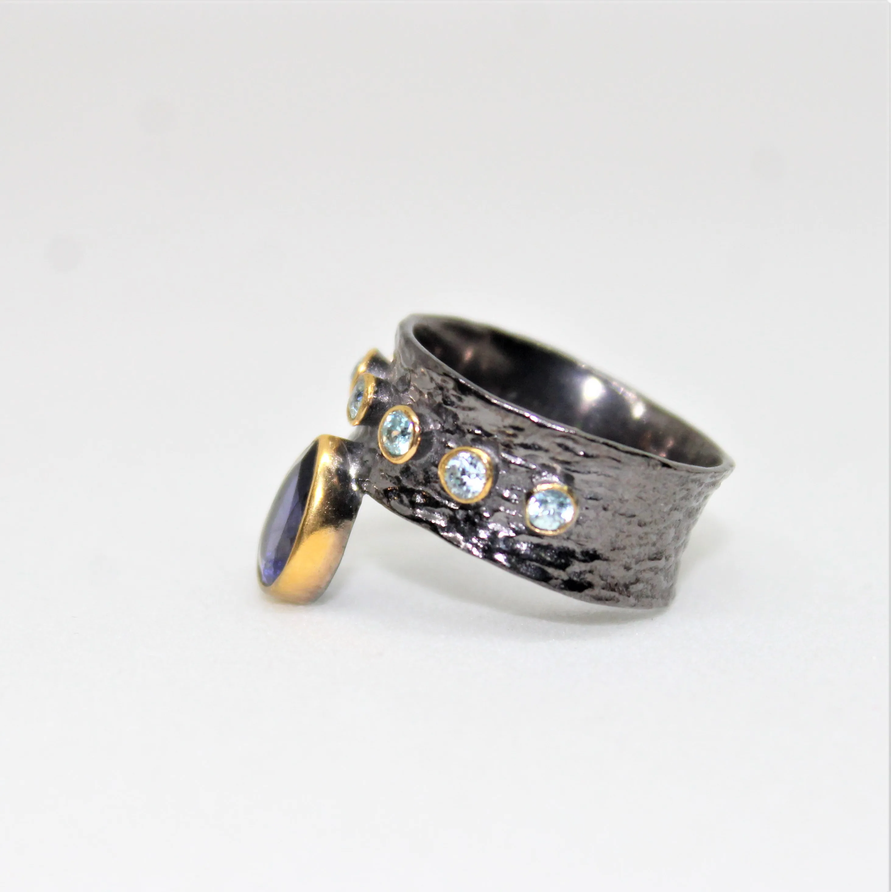 Designer Multi Stone Iolite and Blue Topaz Gold Plated 925 Sterling Silver Black Rhodium Ring