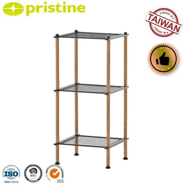 OEM Sale Wholesale 3-Tier Wood Grain Metal Bathroom Wire Shelf from Taiwan MIT Housewares Home Storage Furniture Corner Mounted