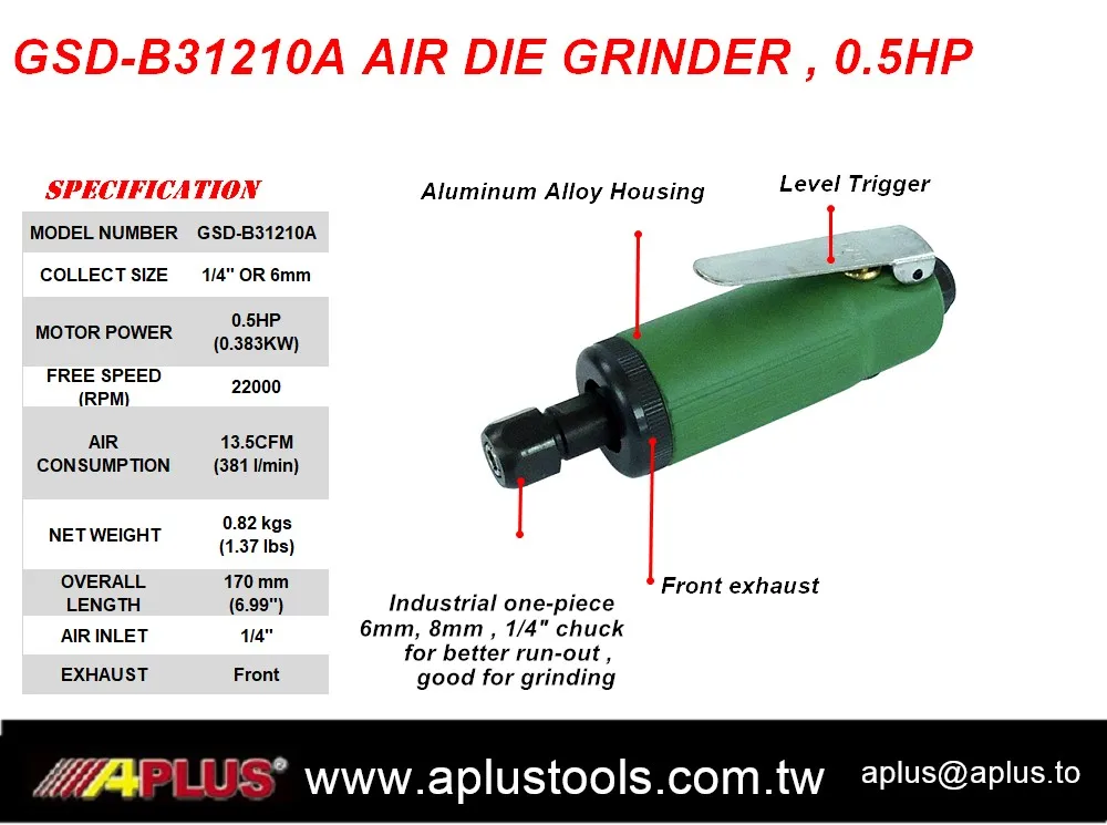 GSD-B31210A, алюминиевое снабжение жилья светом, пневматическая насадка для шлифовальной машины. Размер цанги 1/4 дюйма или 6 мм. Задний выхлоп. Уровень безопасности дроссельной заслонки, 22000 об/мин