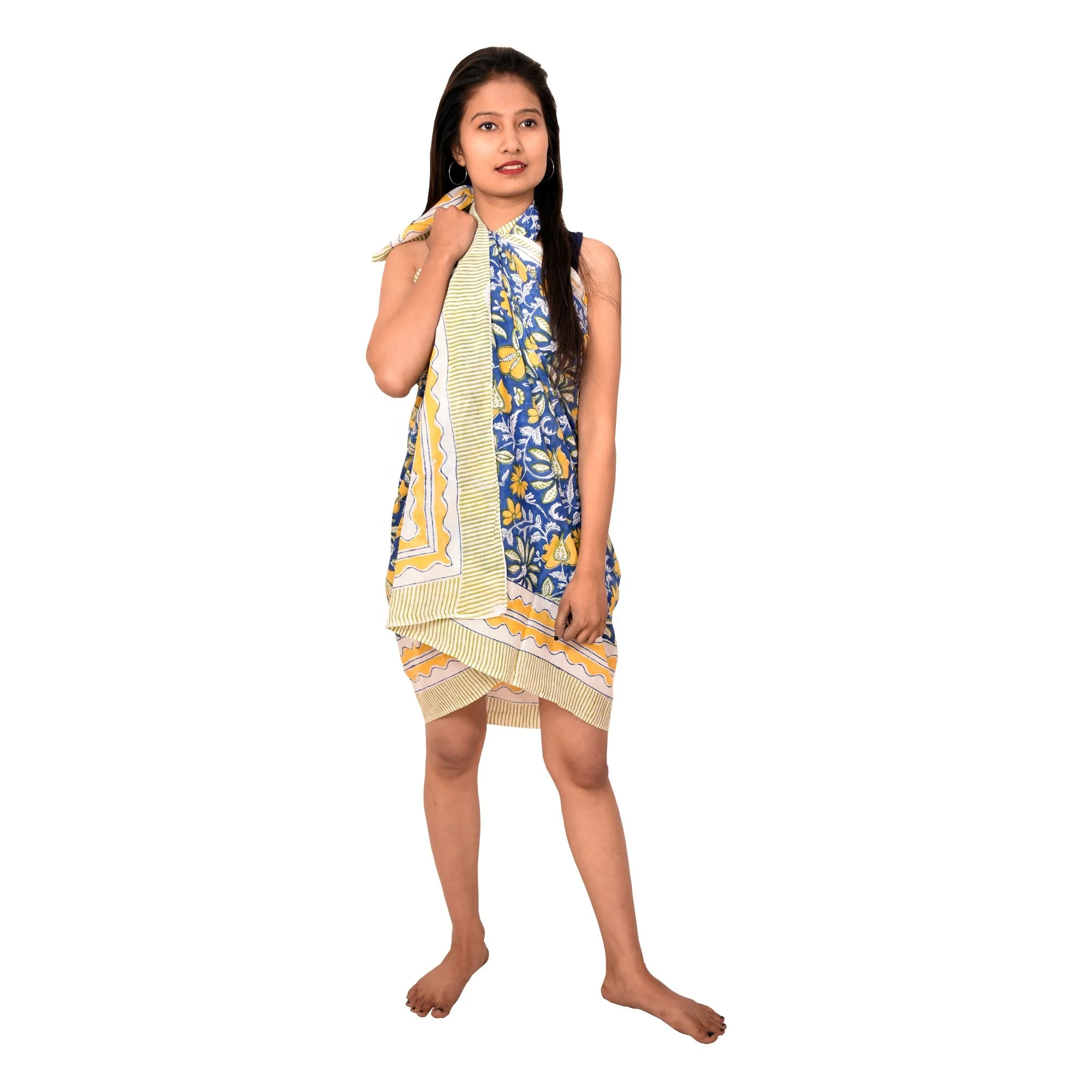 Indian High Quality Hand Block Floral Printed Scarf Soft Cotton Sarong Women Beach Wear Bikini Cover Ups Wholesale