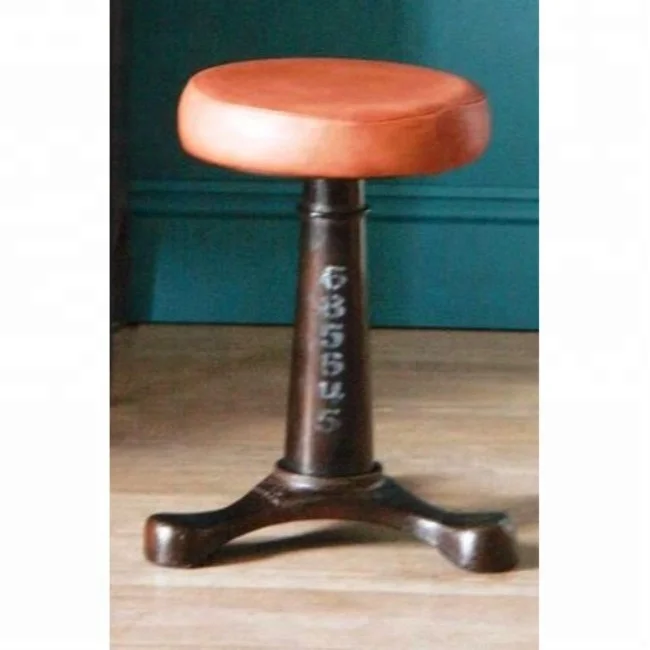 
Industrial & vintage rusty black cast iron metal singer stool with genuine leather round seat 