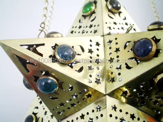 BR88 Moroccan Handmade Hanging Brass Jeweled LED Star Lamp