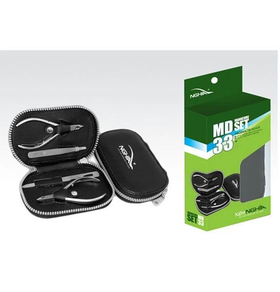 Professional Stainless Steel manicure set with leather case MD-33 (cuticle nippers, nail nipper, tweezers, nail file)