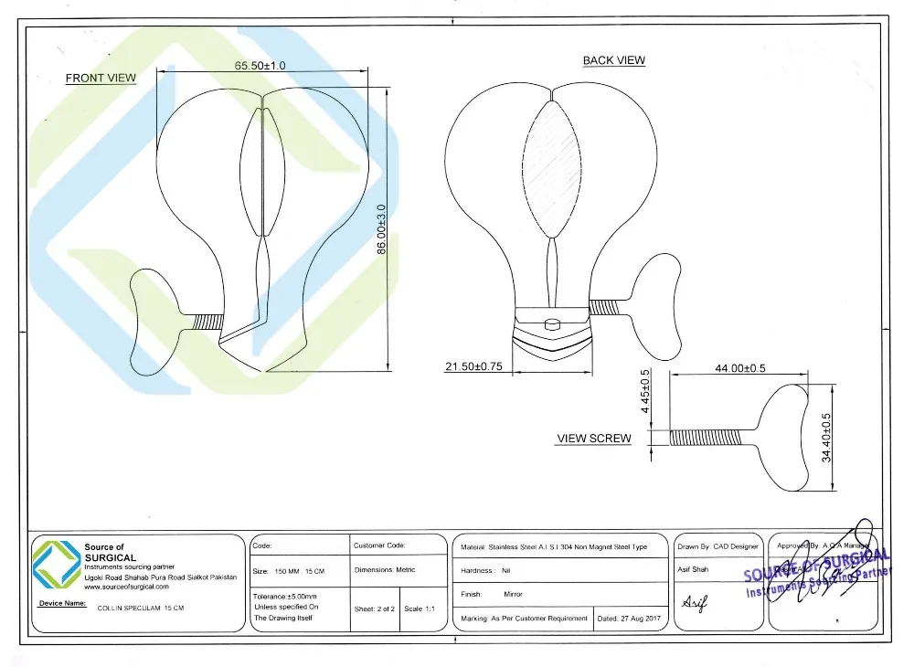 Gynecology Collin instruments Vaginal Speculum