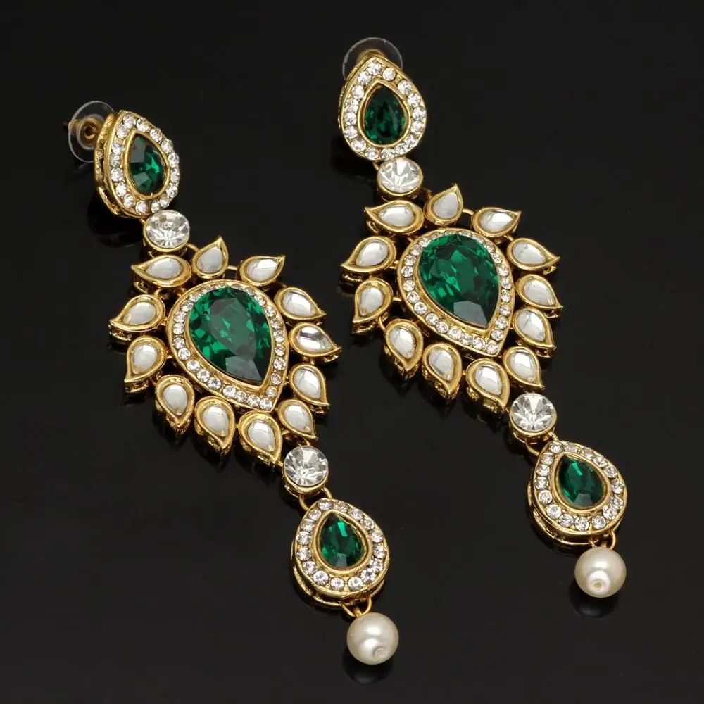 Green Color Kundan Earrings For Girls & Women