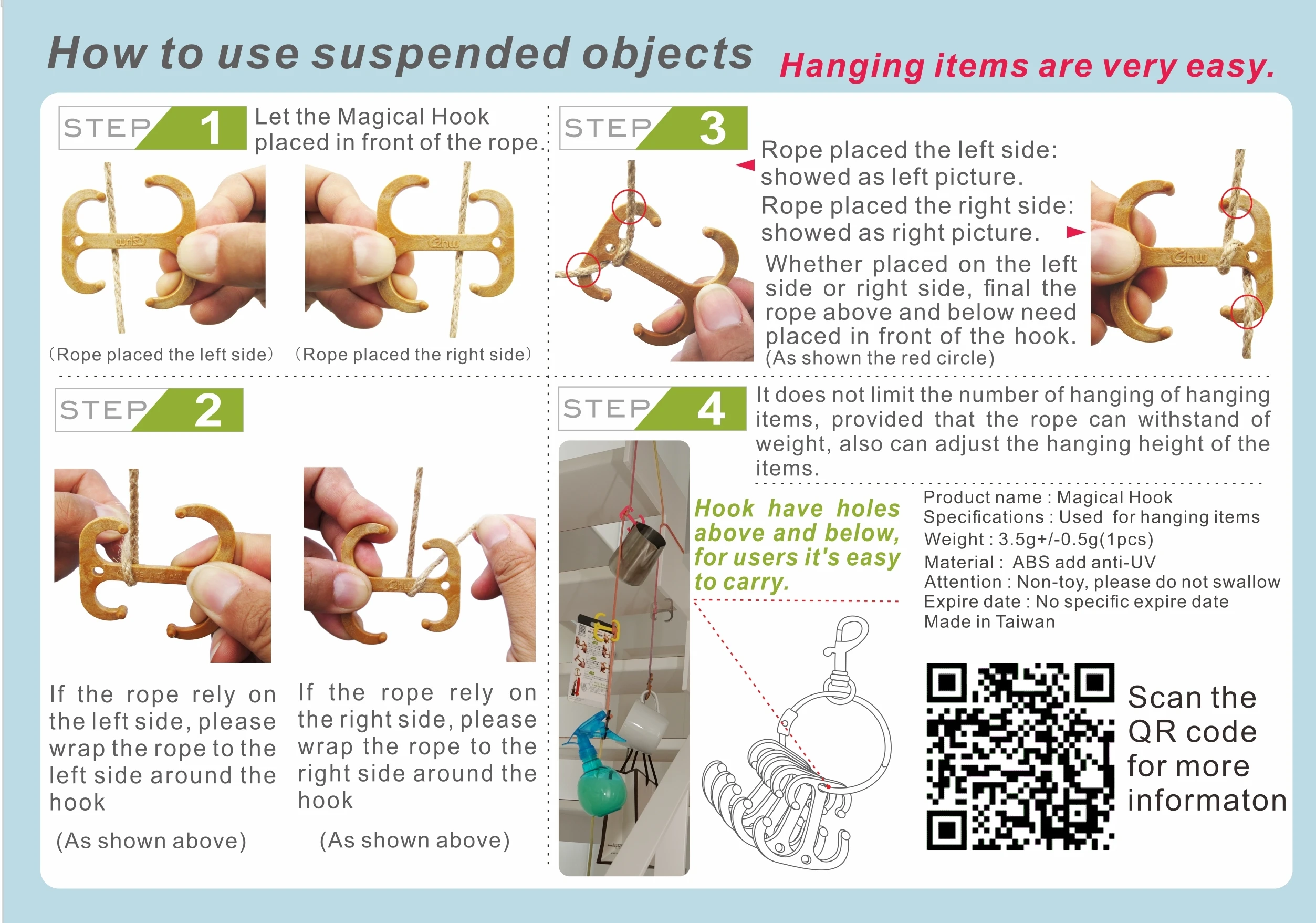 Hassle free to hanging up any things , All kinds of rope can use with Magic Hook and very  stable. camping hook outdoor product