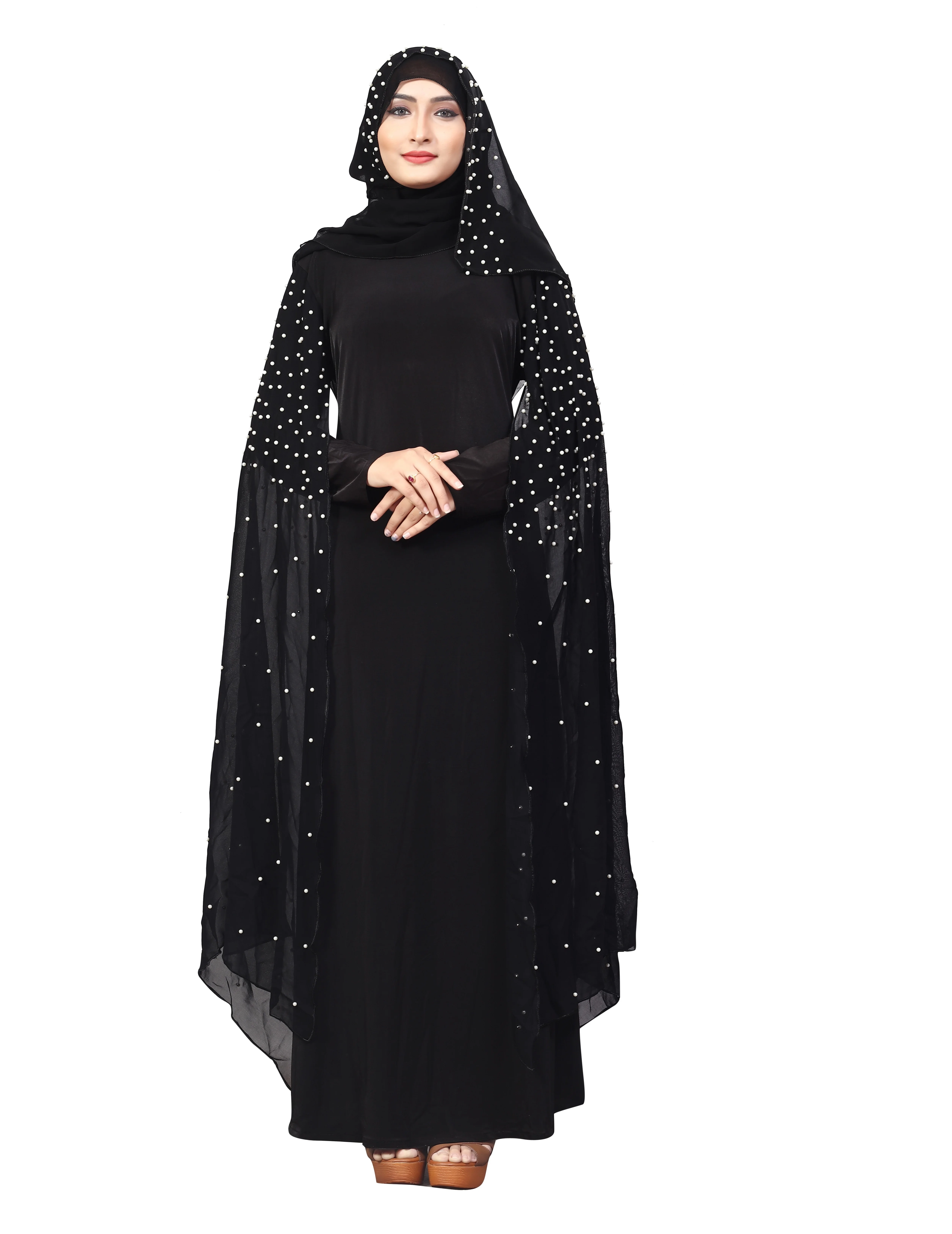 Black Color Lykra And Chiffon Abaya Burkha With Pearl Work And Hijab Scarf For Women