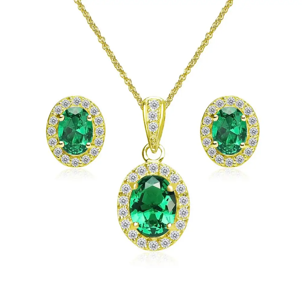 
Yellow Gold Flashed Sterling Silver Lab Created Green Quartz & CZ Oval Halo Necklace & Stud Earrings Set with CZ Accents 