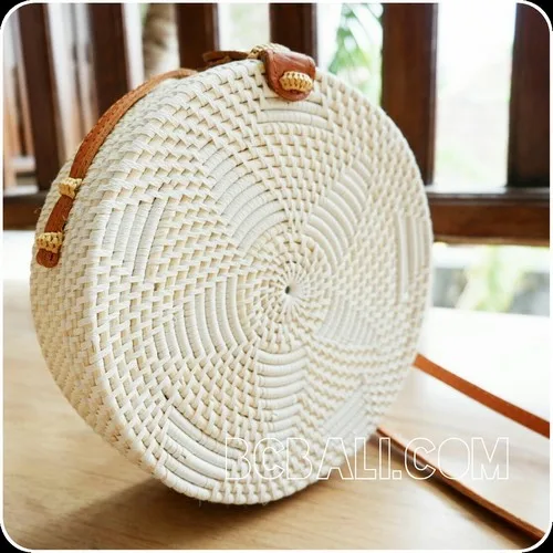Straw Rattan with White Rafia Motif Handle Leather Circle Round Strap Beach Bali Bag Handmade New Trend Fashion
