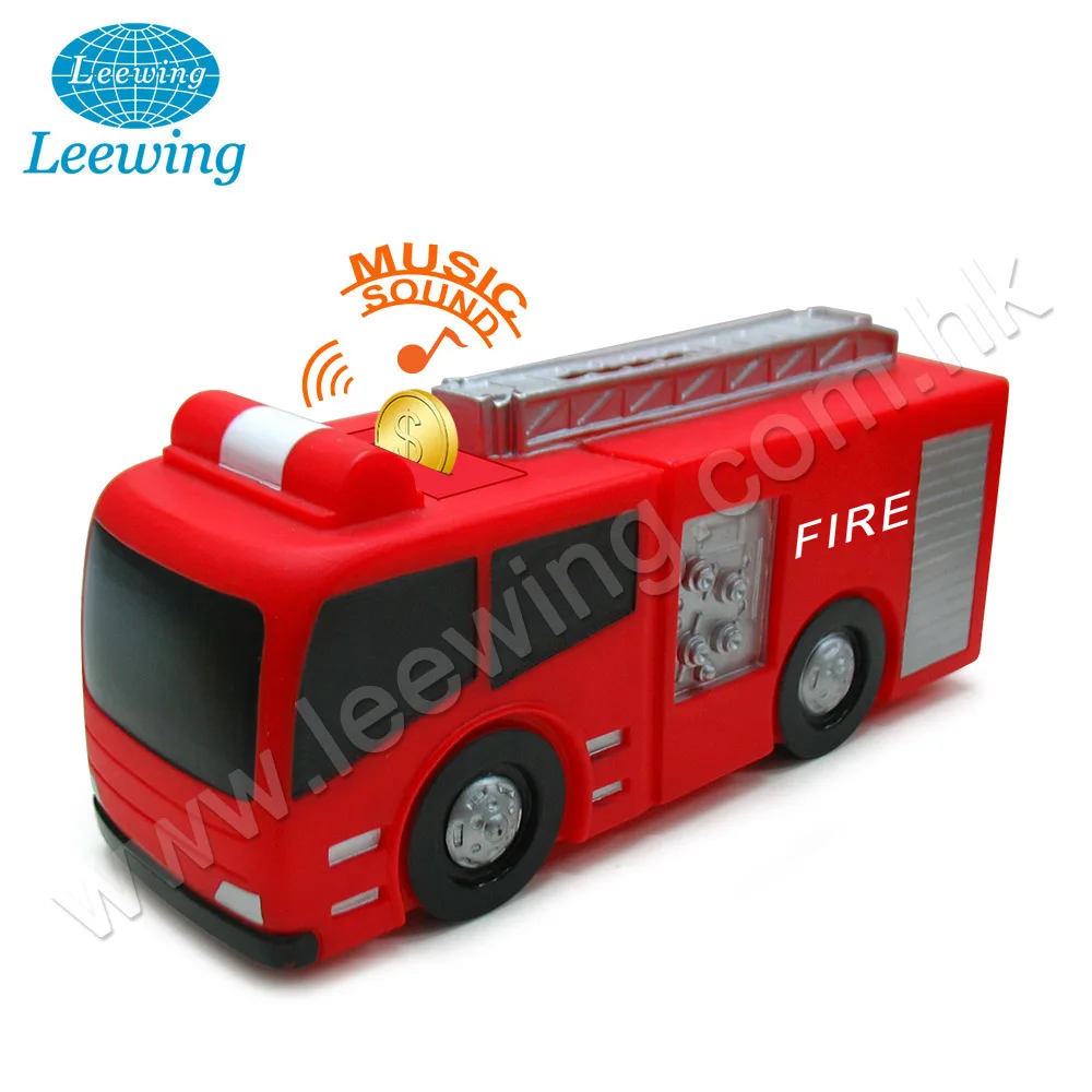 Plastic PVC Fire Engine Truck Car Shape Coin Bank Money Saving Box