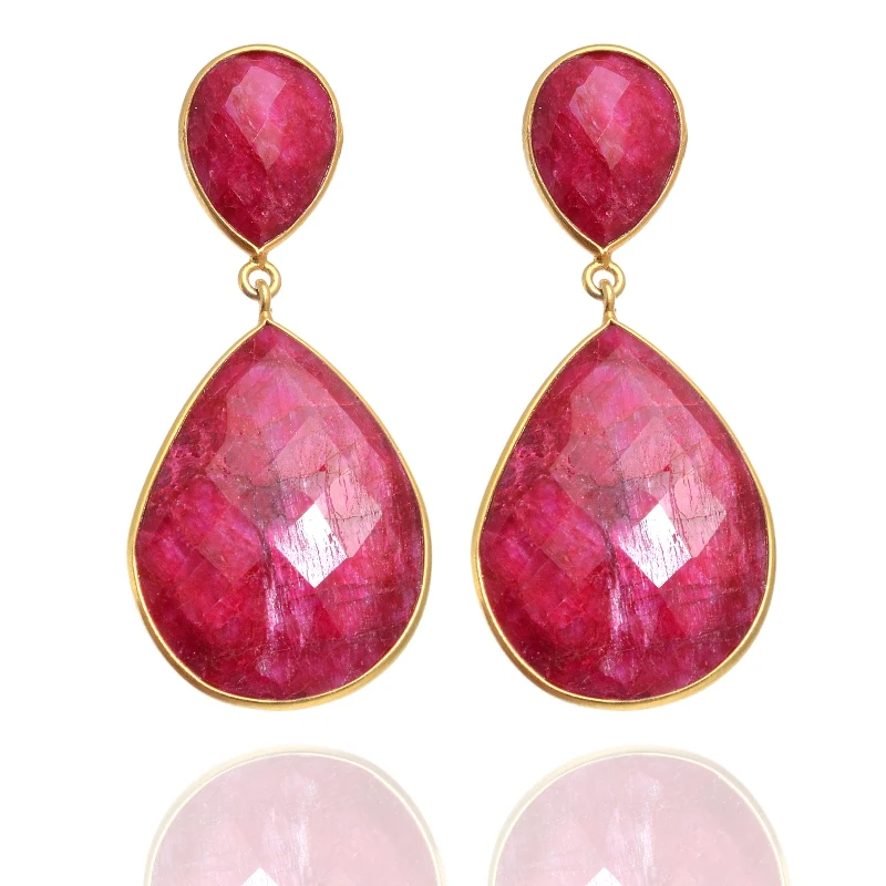 Dyed Ruby Pear Bezel Set 3 Stone Earring