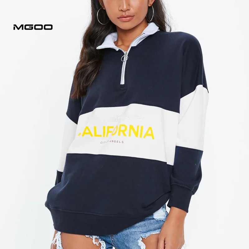 MGOO Women Custom Logo Print Colorblock Navy Quarter Zip Sweatshirts