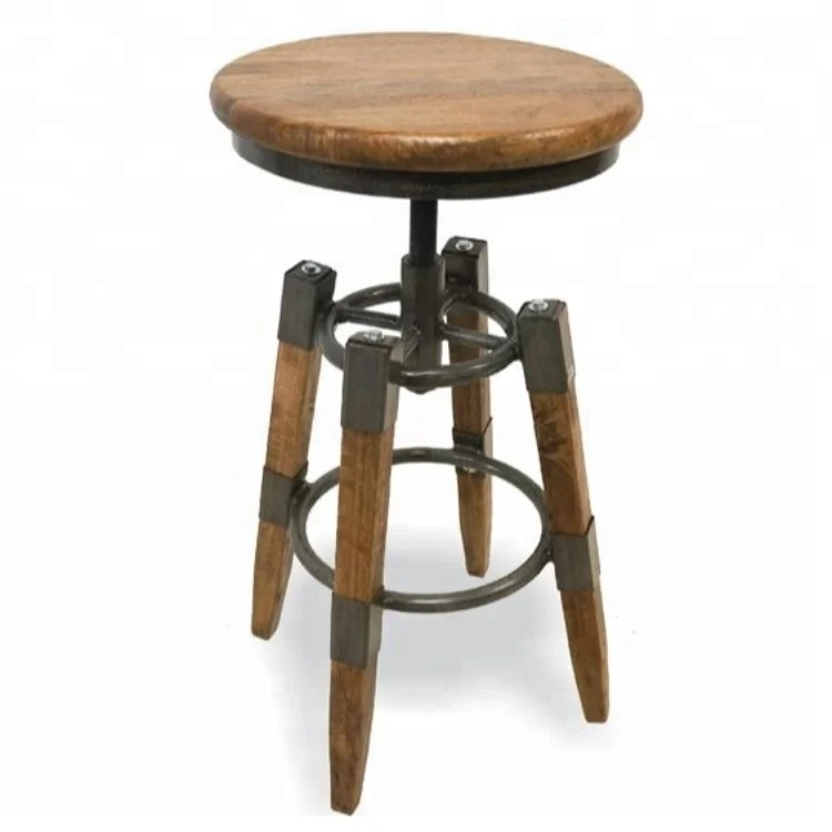 
Industrial & vintage solid mango wood & iron metal height adjustable bar stool with round seat 